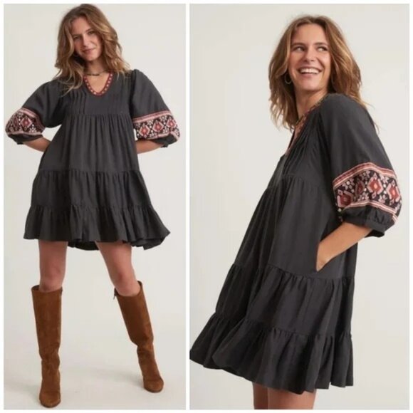 MARINE LAYER Women Mini Dress Olema Embroidered Long Sleeve Boho Grey size Small - Picture 15 of 16